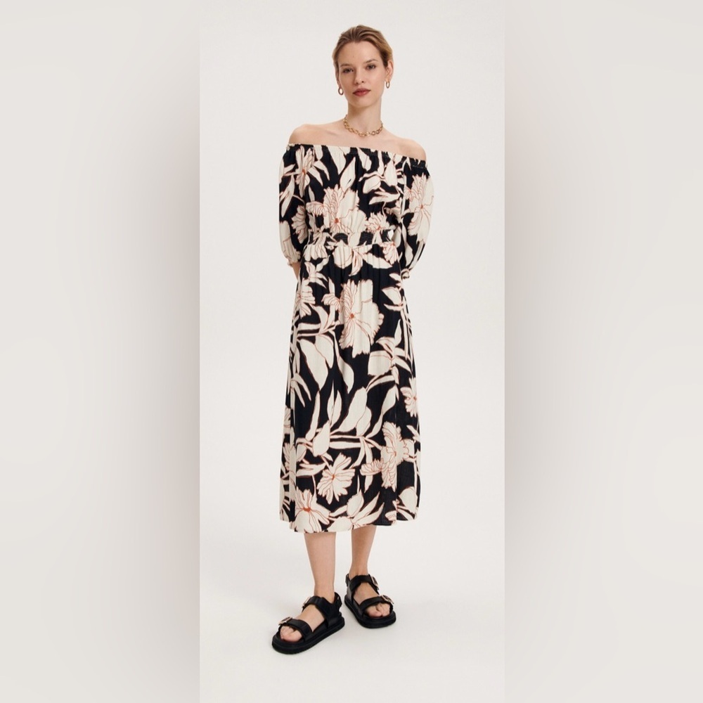 Reserved Off Shoulder Floral Midi Dress Black Cream Rust M Boho Smocked Waist